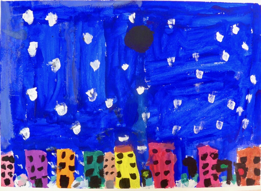 Caelyn: “Snow Night: My painting is snowing at night. The black thing is the moon but clouds are blocking it. And people could paint their house any color. There is stop, go, and slow is yellow stop signs.”